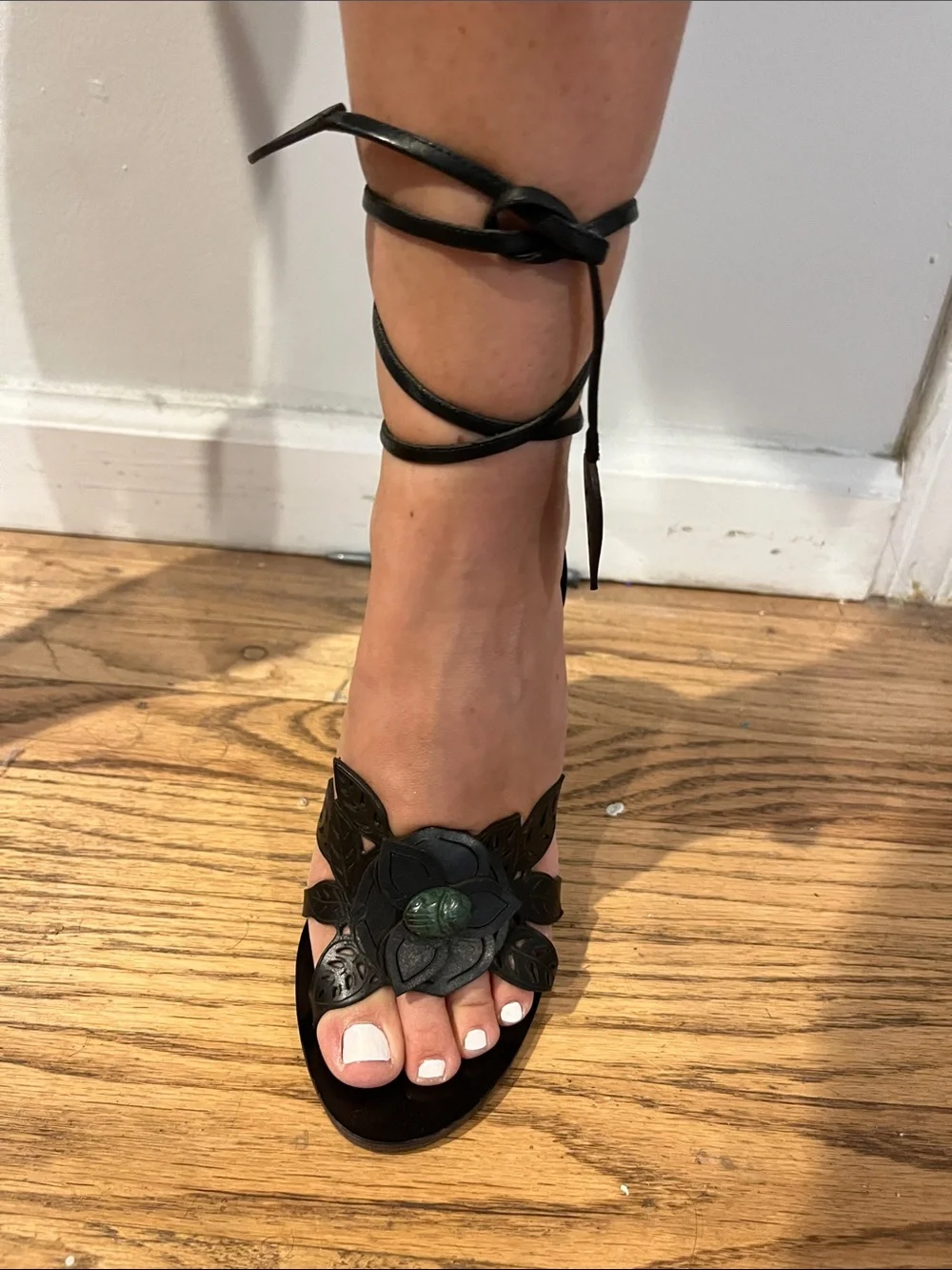 Valentino Black Leather Floral Wrap Sandals with Green Stone Accent